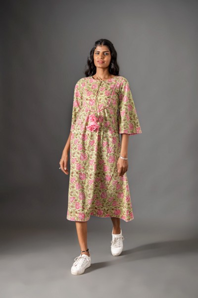 Floral Handblock Knee Length Cotton Dress