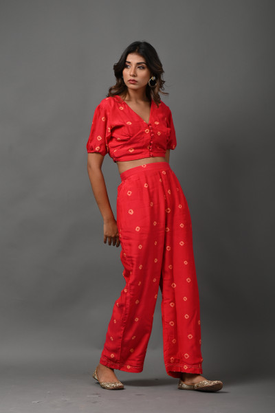 bandhej co-ord set with hand work in muslin